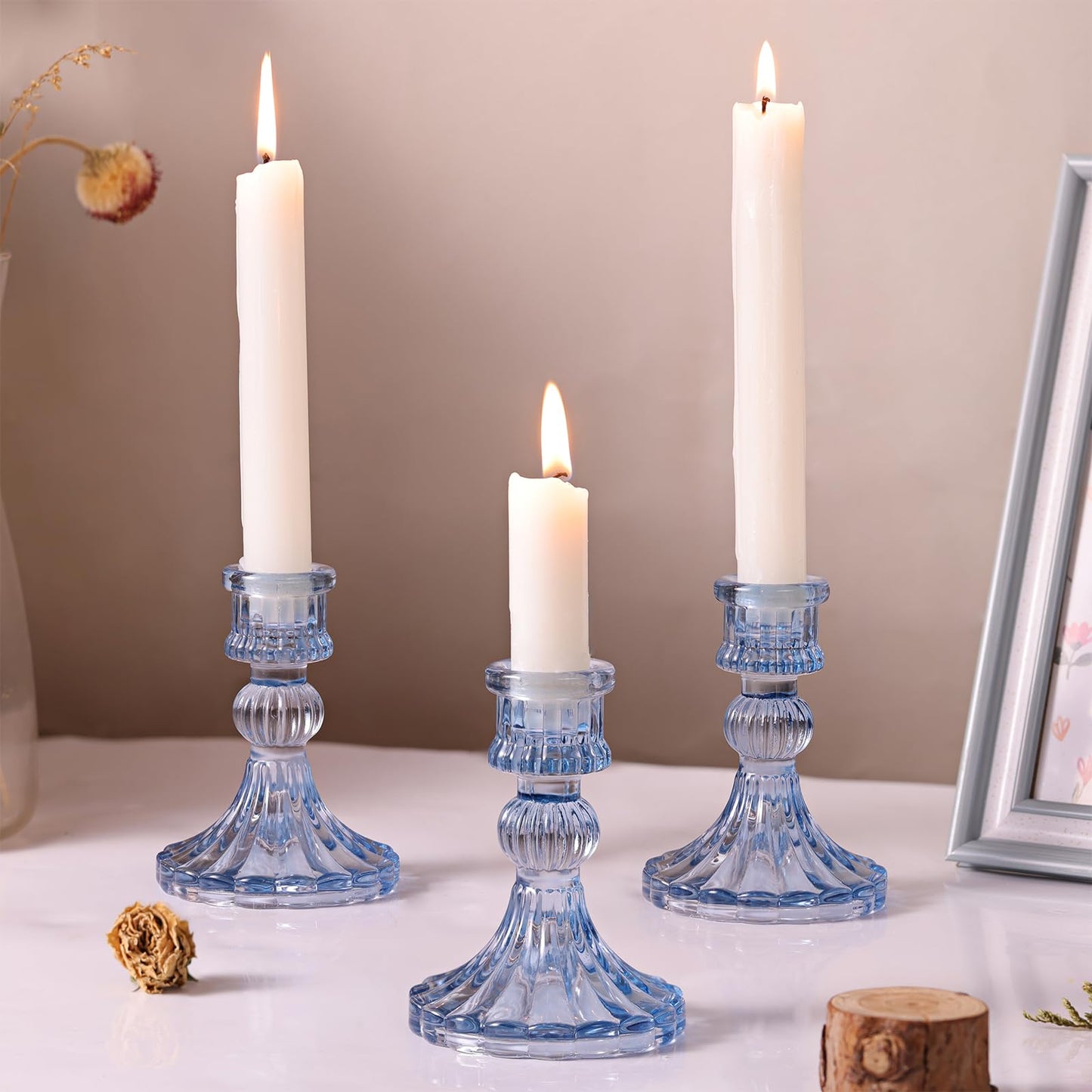 DARJEN 12PCS Blue Candlestick Holders Set- 4" H Taper Candle Holders, Glass Candle Holders Bulk for Wedding, Party, Home Table Centerpieces, Festival Gifts & Windowsill Decor