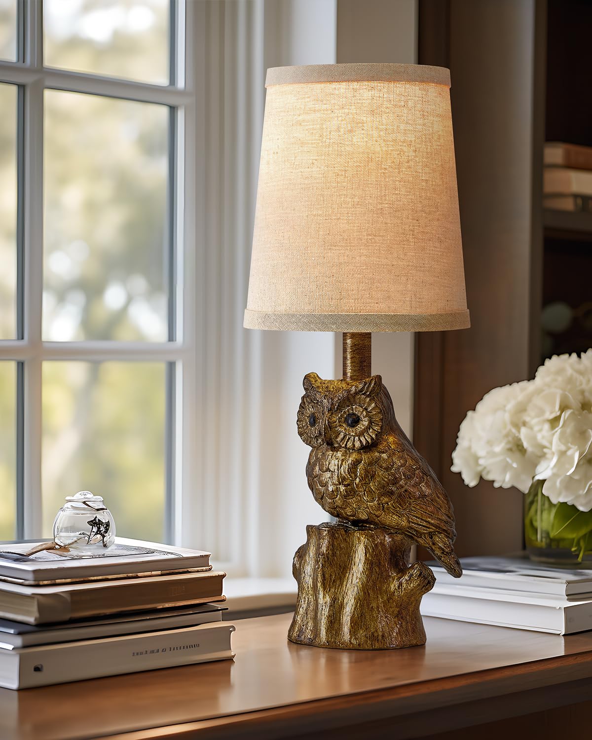 G-SAFAVA 14.25" Small Table Lamp for Living Room Farmhouse Bedside Resin Single Lamp with Gold Owl Lamp Shape for Bedroom Retro Rustic Nightstand Lamp