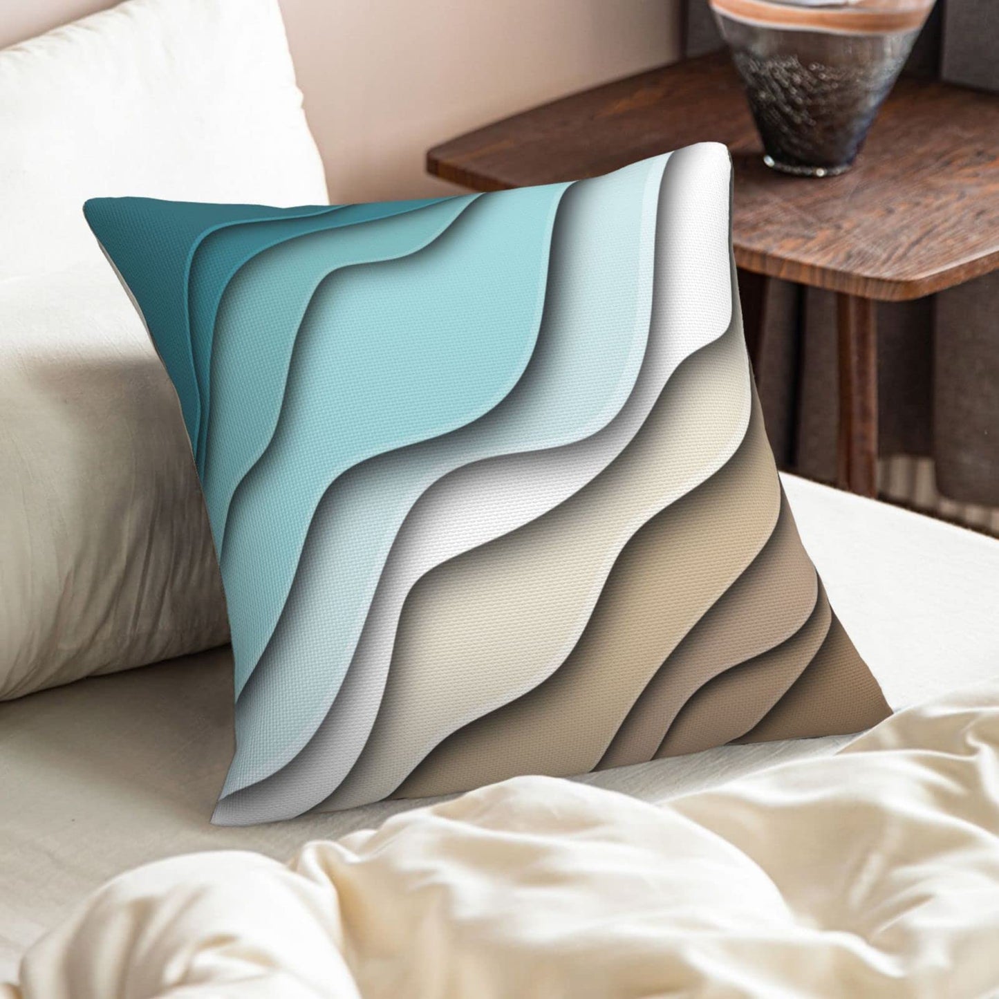 Blue Teal and Grey Boho Throw Pillow Covers 18x18 Set Of 2 Summer Outdoor Abstract Stripe Pillows Cover Mid Century Modern Decorative Pillow Case Farmhouse Cushion Cover for Home Couch Bed Sofa Decor