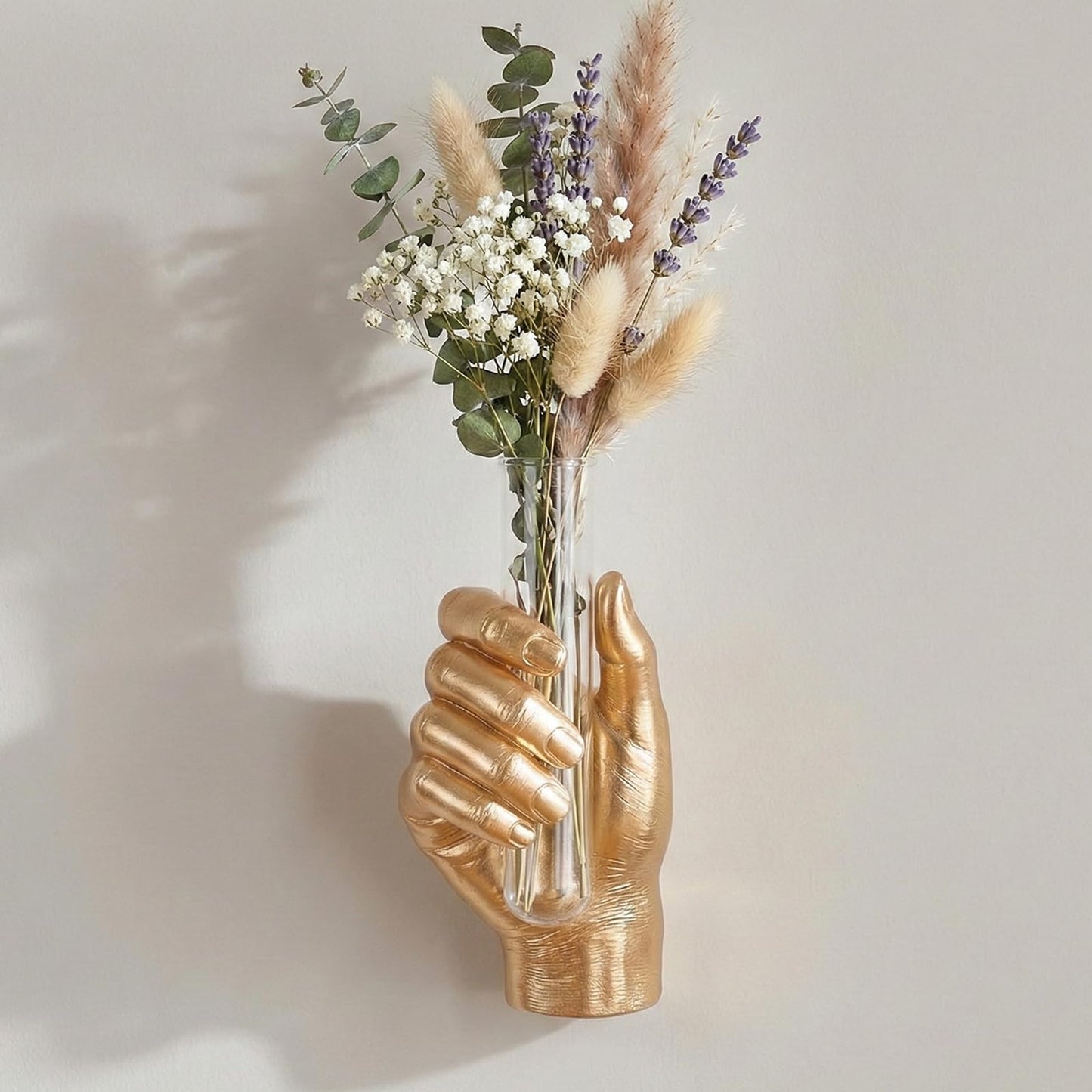 Gold Wall Art Decor Hand Vase, Unique 3D Wall Sculptures Mount Vases for Flowers, Contemporary Gallery Art Whimsical Home Indoor Outdoor Decor Accent, Dimensional Hand Sculpture, Glass Test Tube