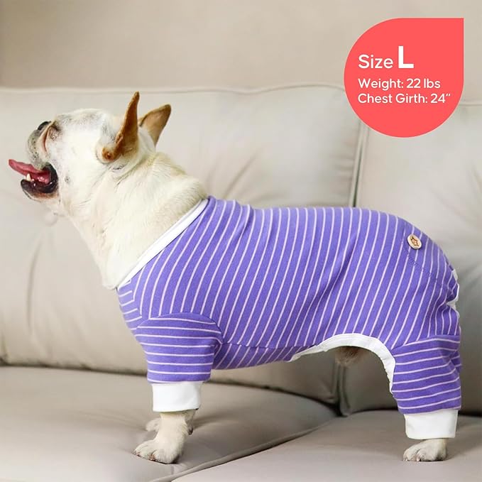KYEESE Dog Pajamas Striped Pet Jumpsuit Soft Doggie Jammies Lightweight Onesie 4 Legs PJS Stretchable Dog Pajamas Breathable Costumes Comfortable Sleepwear for Small Dogs,Purple Striped, X-Large