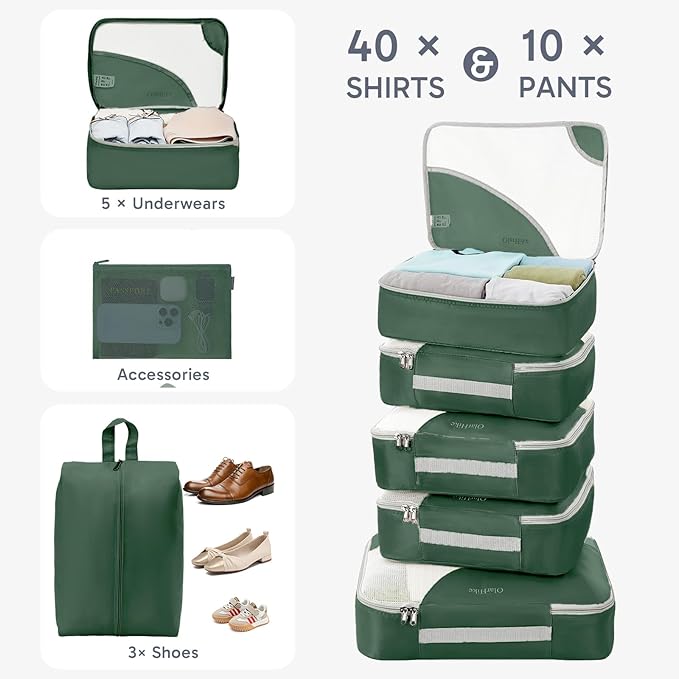 ALL INCLUDED 10 Set Durable Packing Cubes for Travel,Christmas Gifts for Women Mom, UPGRADED Anti-Tear Stitching, NEW Improved Luggage Packing Organizers for Suitcases Accessories (Dark Green)
