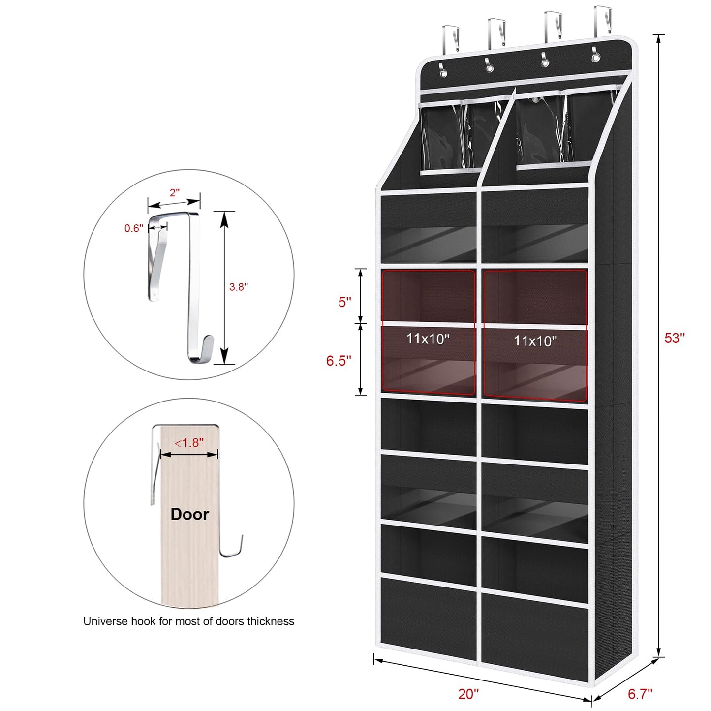 Univivi 5-Shelf Over Door Hanging Organizer Fabric Door Storage for Baby Nursery Nursery Closet Cabinet Wall Mount Hanging Storage Organizers with 8 Deep Pockets and 4 Small PVC Pockets(Black)