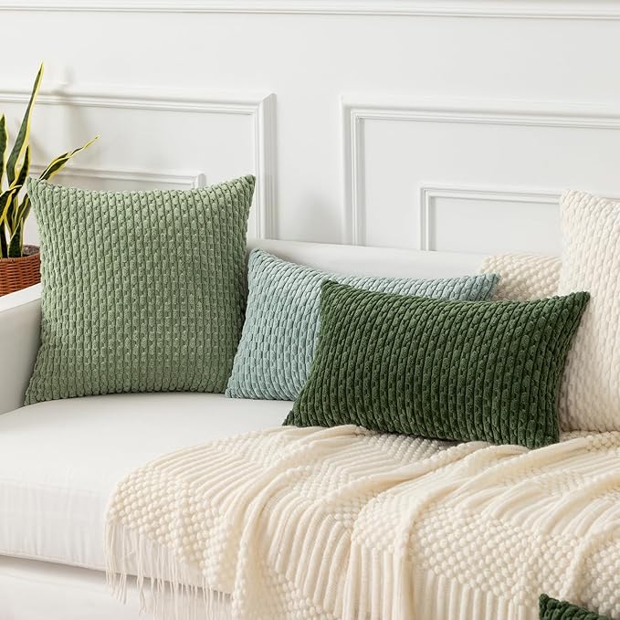 Kevin Textile Throw Pillow Covers Soft Corduroy Decorative Set of 2 Boho Striped Pillow Covers Pillowcases Farmhouse Home Decor for Couch Bed Sofa Living Room 24x24 Inch Moss Green