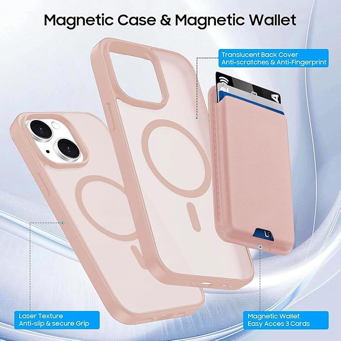Ntwinro Magnetic for iPhone 13 & iPhone 14 Case (Compatible with MagSafe) with Detachable Wallet & Card Holder for 3 Cards [RFID Blocking] Military Grade Protective Slim Phone Cover, Pink