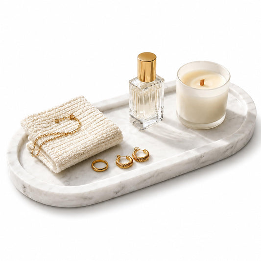 WORHE Natural Marble Vanity Tray Waterproof Italy Stone Bathroom Organizer for Perfume, Candles & Jewelry Non-Slip Oval Storage Tray for Spa, Bedroom, Kitchen 9.8" x 4.5" White (BH101)