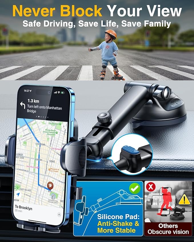 YRU [True Upgrade for Safety] Car Phone Holder Mount [Patent & Military-Grade] Dashboard Cell Phone Holder for Car Vent Windshield Phone Stand for iPhone 17 16 15 14 13 Pro Max Truck Samsung, Black