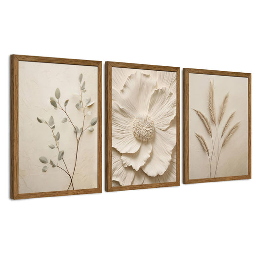 JLTULT 3 Piece Framed Neutral Beige Floral Canvas Wall Art, Modern Simple Texture Blossom Wall Decor, Vintage Botanical Flower Art Prints for Living Room Bedroom Farmhouse 12x16 inch Ready to Hang