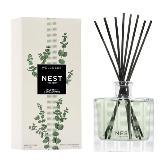 NEST New York Reed Diffuser, Wild Mint & Eucalyptus - 5.9 fl oz - Fragrance for Up to 90 Days - Reusable, Refillable Glass Holder - Includes 8 All-Natural Reed Sticks - Flame Free