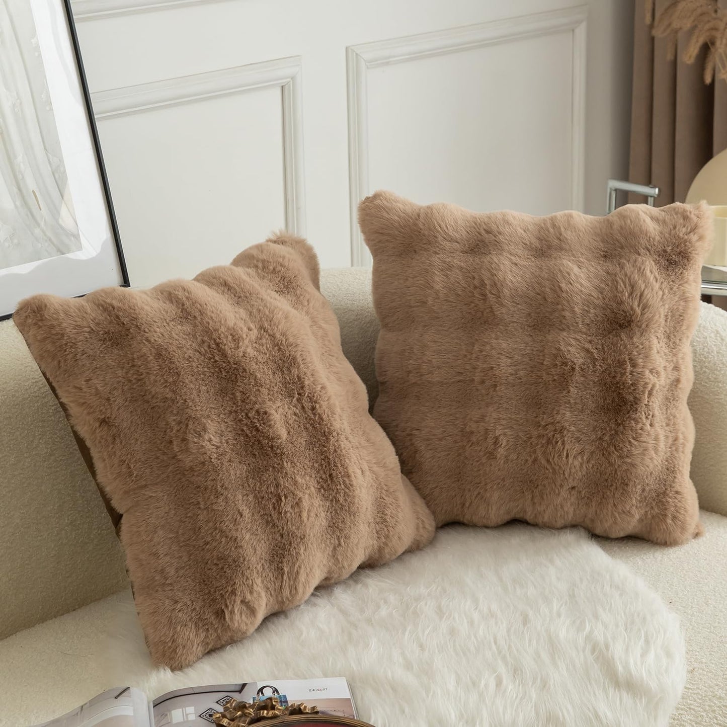 MANDIOO Pack of 2 Thick Plush Wool Decorative Throw Pillow Covers Super Soft Wave Bubble Fur Velvet Cushion Covers Pillow Shams for Couch Bed Living Room 16x16 Inch Camel