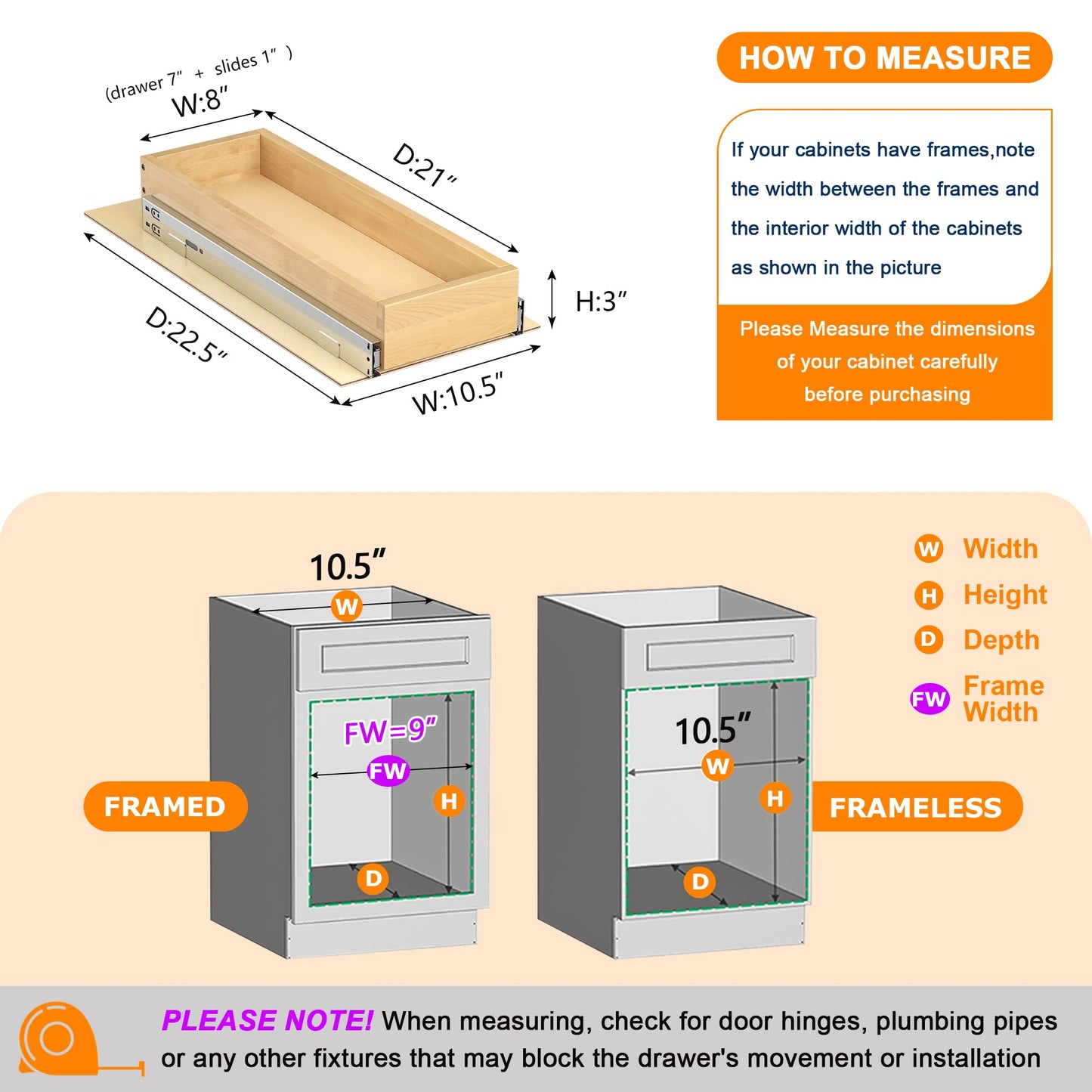 Salfanre Pull Out Cabinet Organizer, 8" W x 21" D Soft Close Pull Out Drawers for Cabinets with Heavy Duty Slides, Wood Slide Out Drawers for Kitchen Cabinets