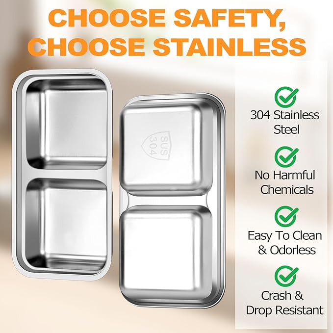 vovoyager Stainless Steel Snack Containers with Lids, Reusable Bento Lunch Container Box, Food Storage, Leak Proof, Dishwasher-Safe, Grab and Go for Work, 6 Pack (Double Compartment)