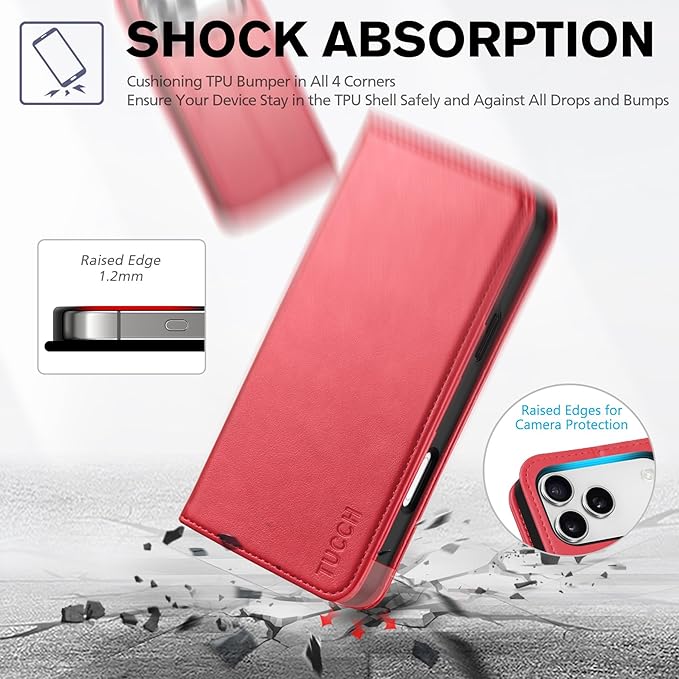 TUCCH Case Wallet for iPhone 17 Pro Max (6.9") 2025, RFID Blocking, 3 Card Holders, Kickstand, PU Leather, Protective Flip Folio Cover, TPU Shockproof Interior Shell, Bright Red