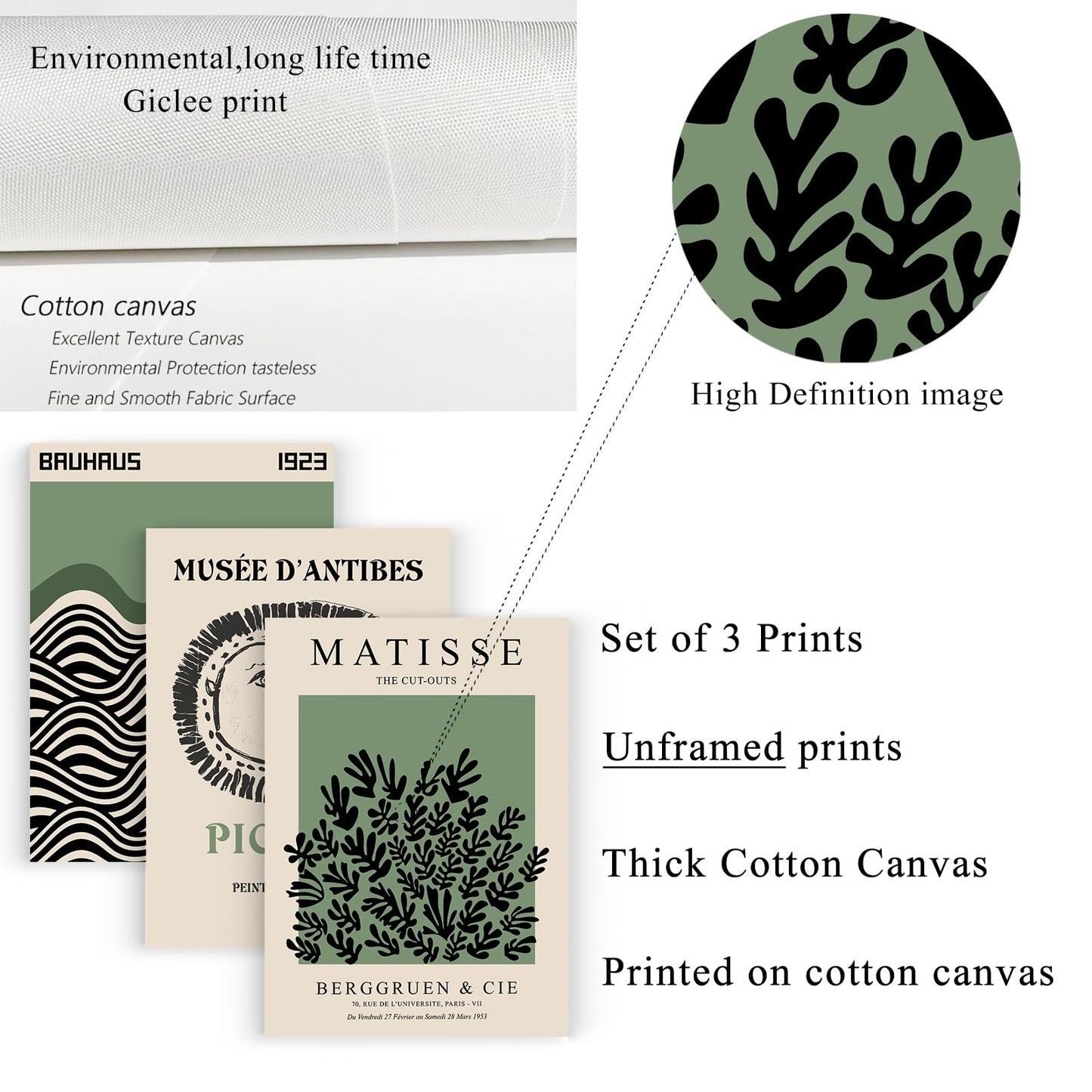 Picasso Matisse Bauhaus Canvas Wall Art Prints Set of 3 Sage Green Modern Minimalist Large Wall Decor Picture Aesthetic Art Paintings Posters for Gallery Bedroom Living Room Decor 16x24 inch Unframed