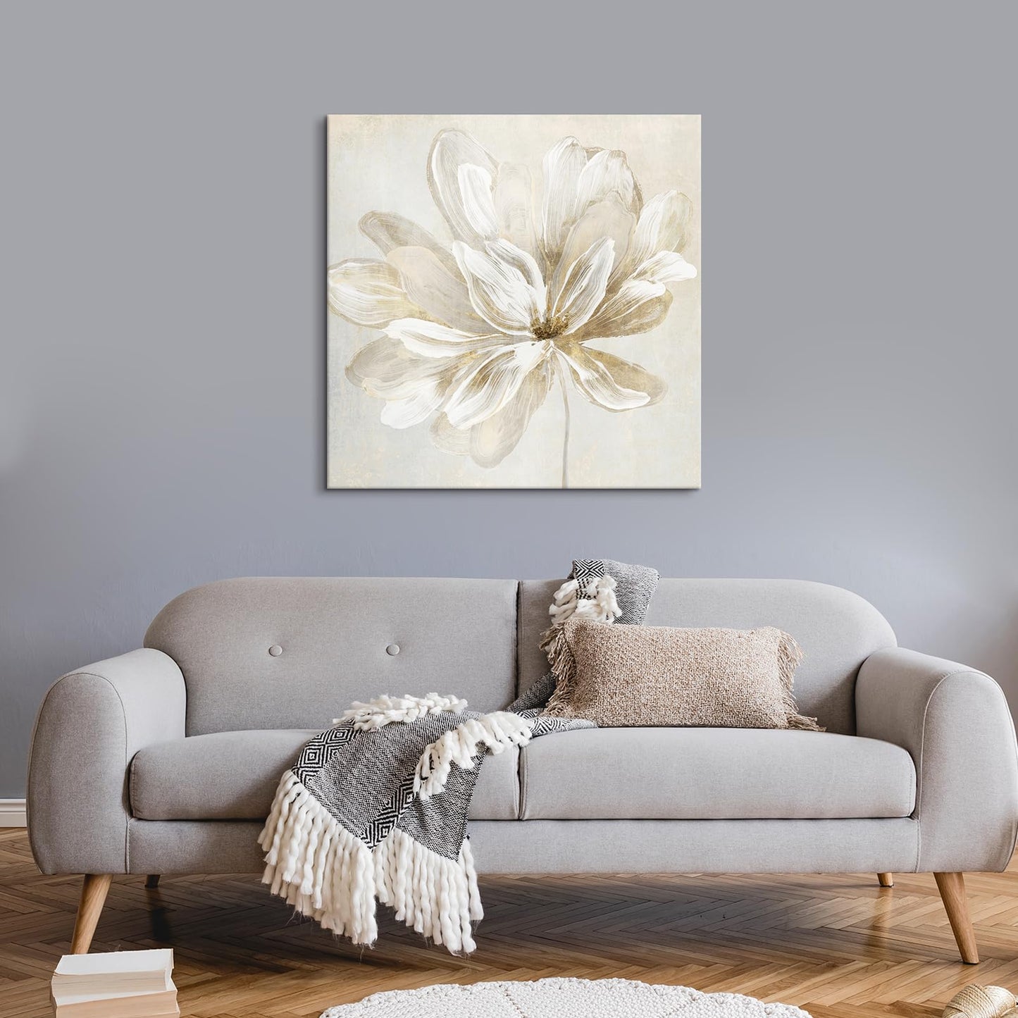 SEVEN WALL ARTS White Flower Wall Art Beige and Gold Blooming Flower Abstract Floral Artwork Print Poster for Living Room Bedroom Bathroom Home Office Wall Decor 24"x24"
