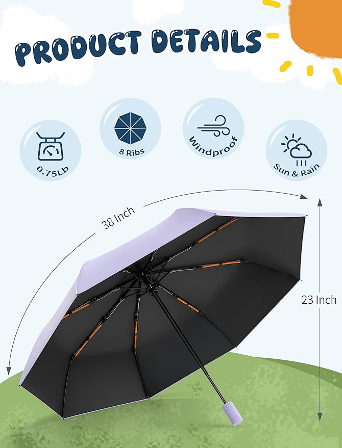 Yoobure Automatic Travel Umbrellas for Rain - Portable & Compact Umbrella for Backpack, Car, UV Umbrellas for Sun Protection, Windproof Folding Small Umbrella in Macaron for Kids, Women, Colorful
