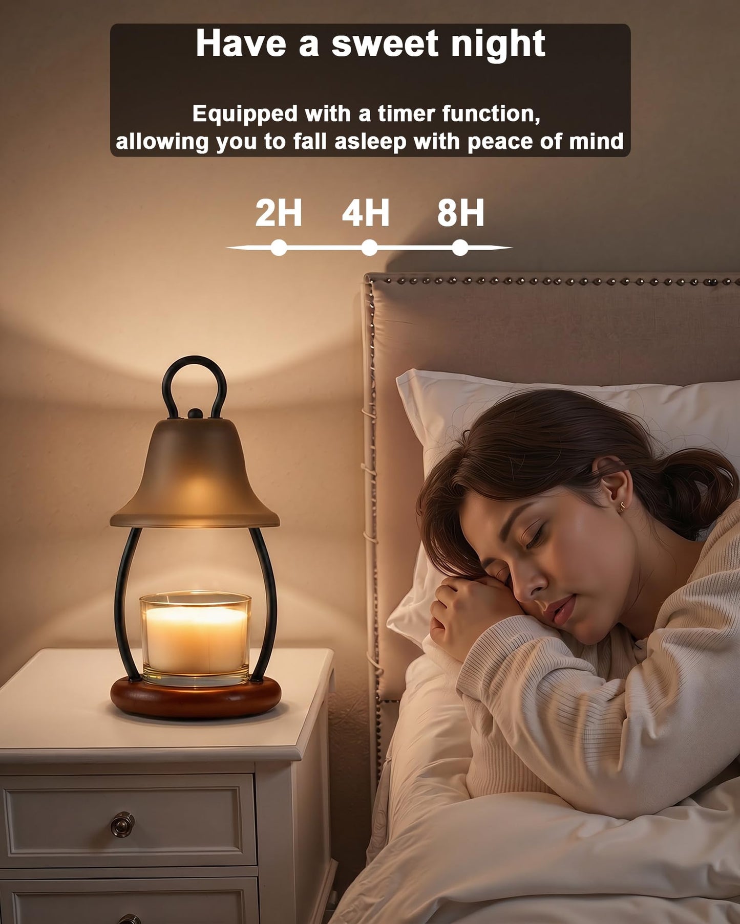 HONGZZI Candle Warmer Lamp with Timer - Adjustable Brightness & Glass Shade - Wooden Base with 2 Bulbs Included (Black)