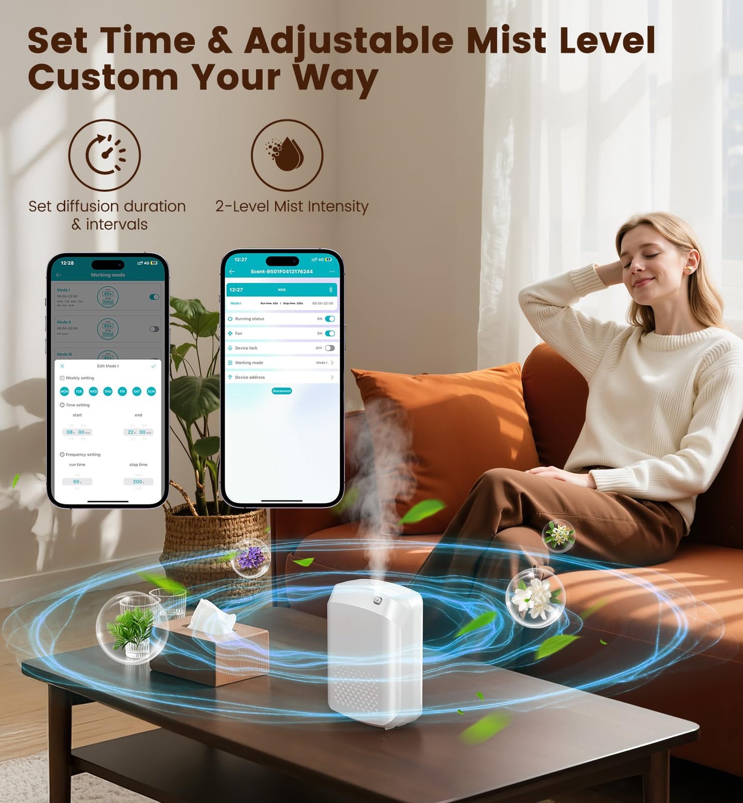 XEITIN Waterless Essential Oil Diffuser 3000 Sq.Ft Coverage for Large Home Hotel Office, 400ml Cold Air Scent Machine, Bluetooth App Control, No-Noise Aroma Diffuser Wall Mount Gift for Her