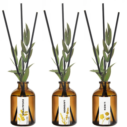 Reed Diffuser Set of 3, Eucalyptus, Linen & Lavender Scented Oil Diffusers with 15 Reeds, Long-Lasting Home Fragrance for Bedroom & Bathroom Decor, 1.7 fl oz Each, Total 5.1 oz