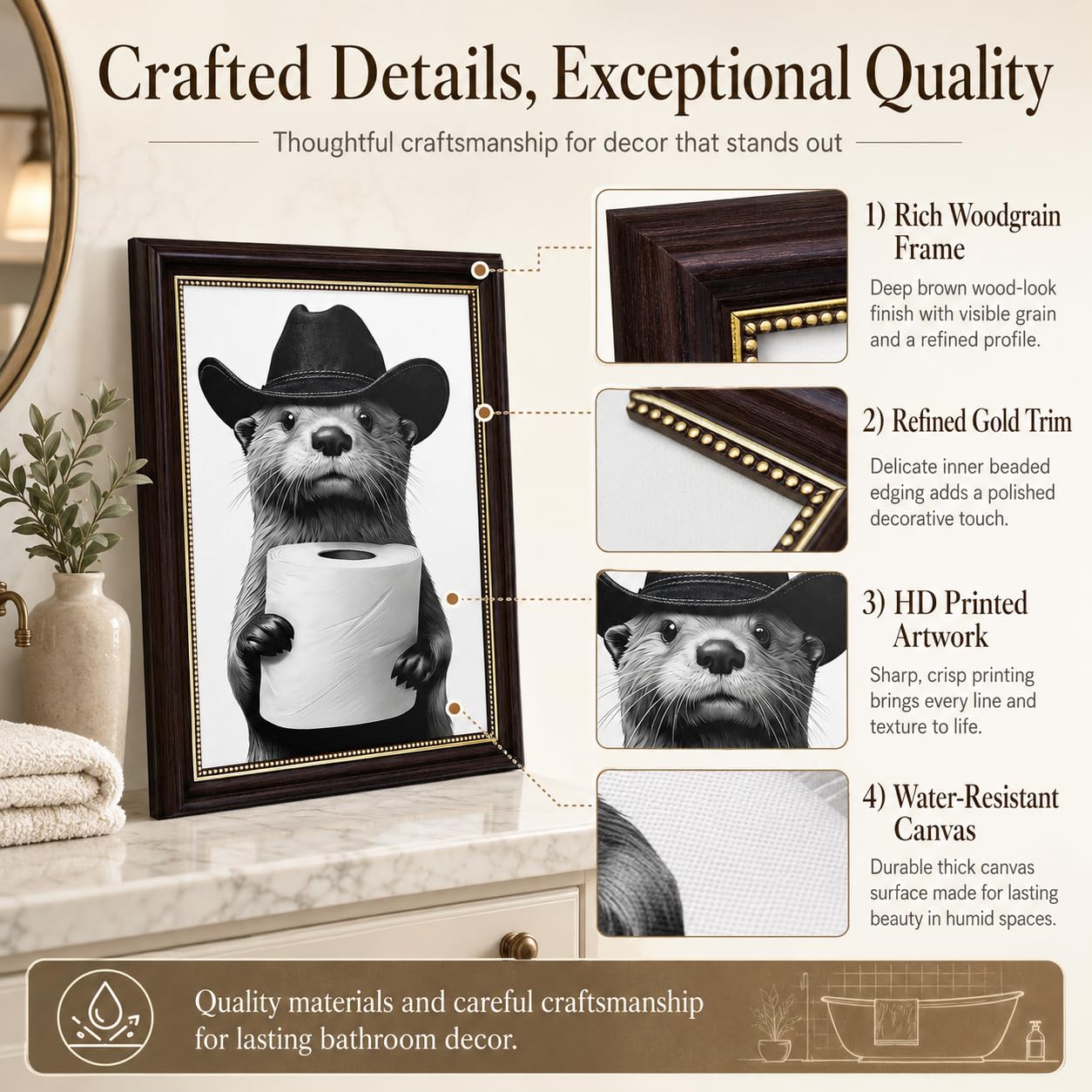 RVETNGVM Funny Otter Bathroom Wall Art - Cowboy Otter with Toilet Paper Print, Black and White Whimsical Animal Art for Guest Bathroom, Otter Lover Gift, Humorous Bathroom Decor 9x11 Inch