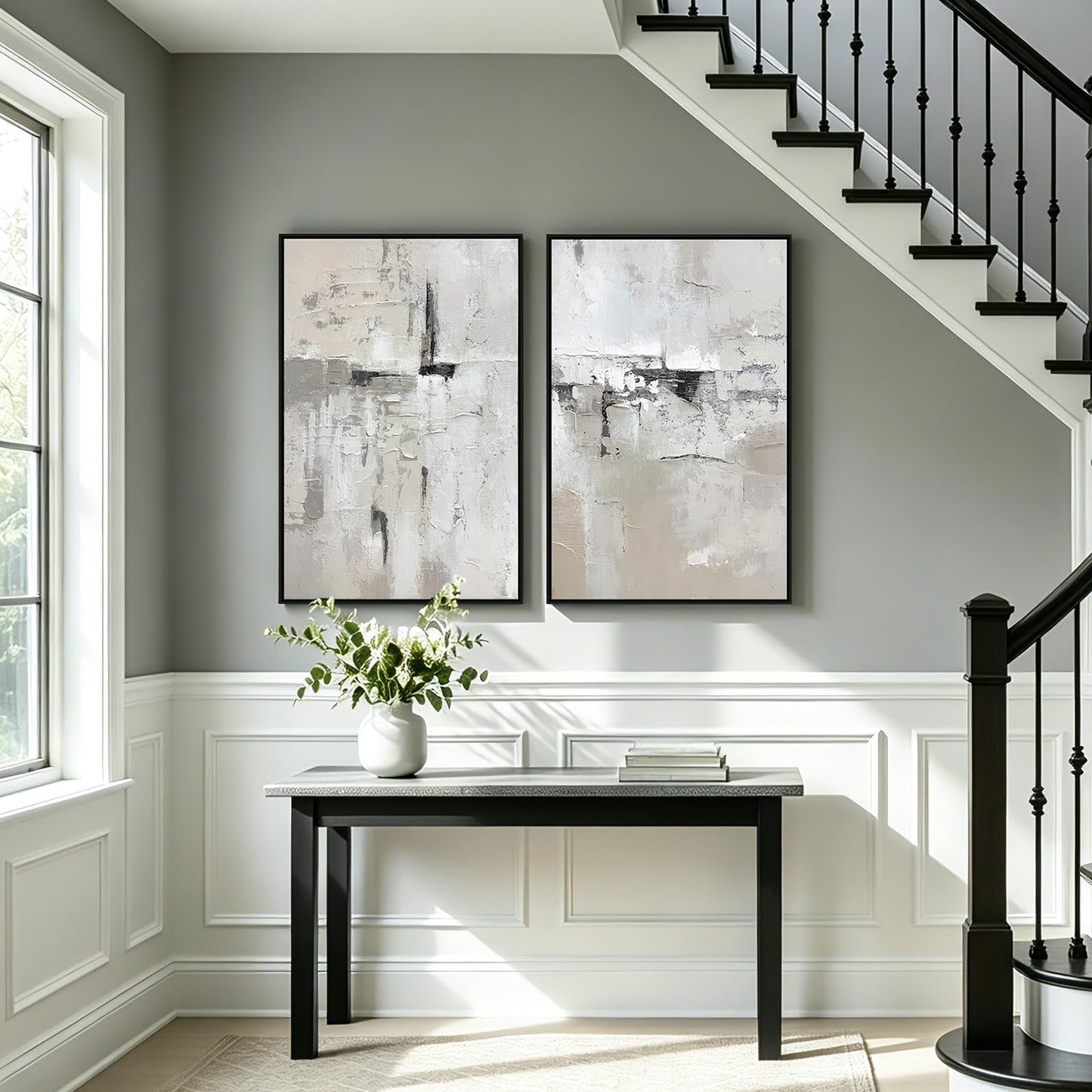 SAFERRYHOME Abstract Textured Wall Art Hand Painted, Large 3D Texture Minimalist Framed Canvas Wall Decor, Neutral Modern Gray White Painting Artwork for Home Office Living Room, 24"x36"x2