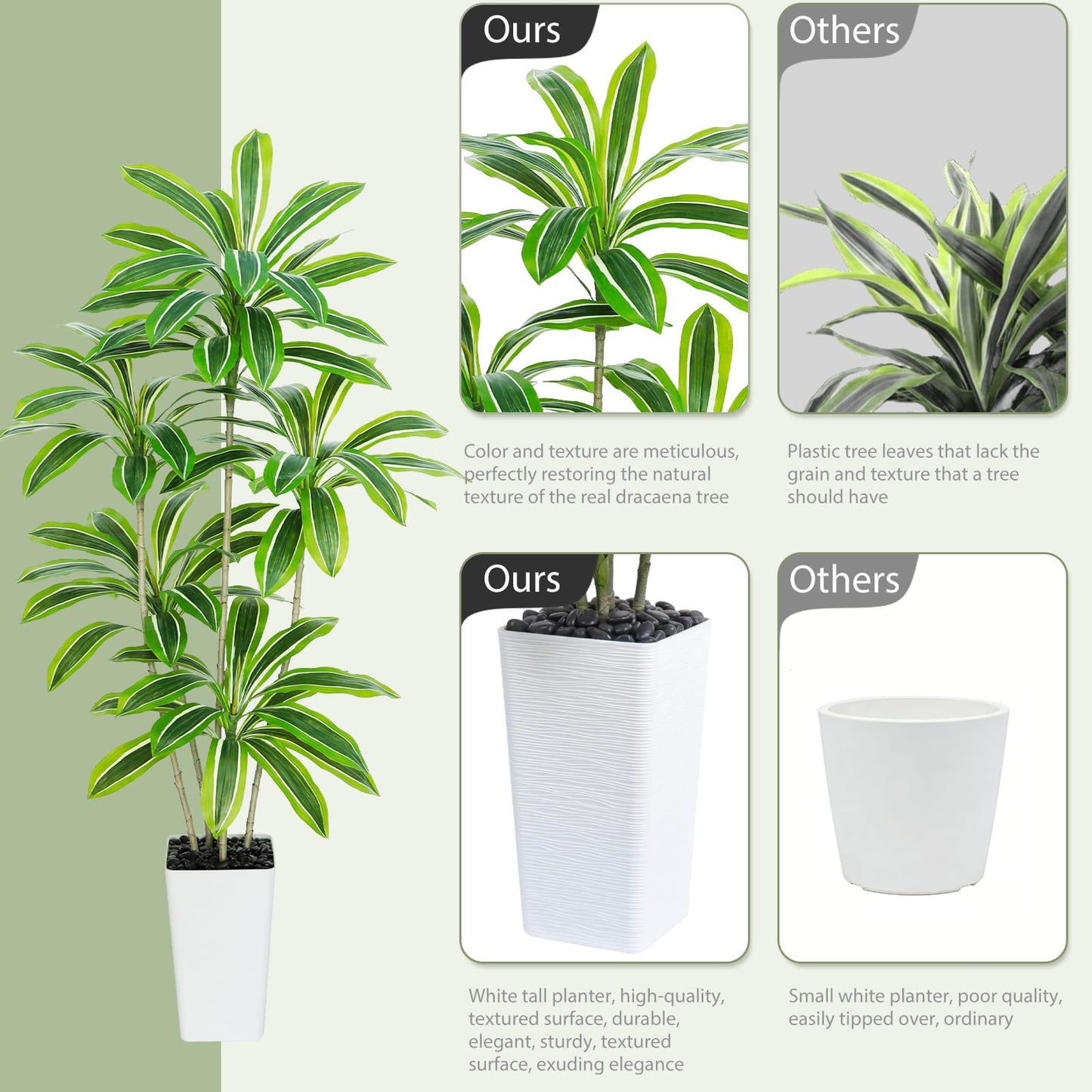 Artificial Yellow Dracaena Tree, 6FT Artificial Plants Indoor with White Tall Planter, Faux Yucca Silk Tree Fake Tropical Floor Plant in Pot, Fake Plants for Home Room Office Entryway Porch Decor