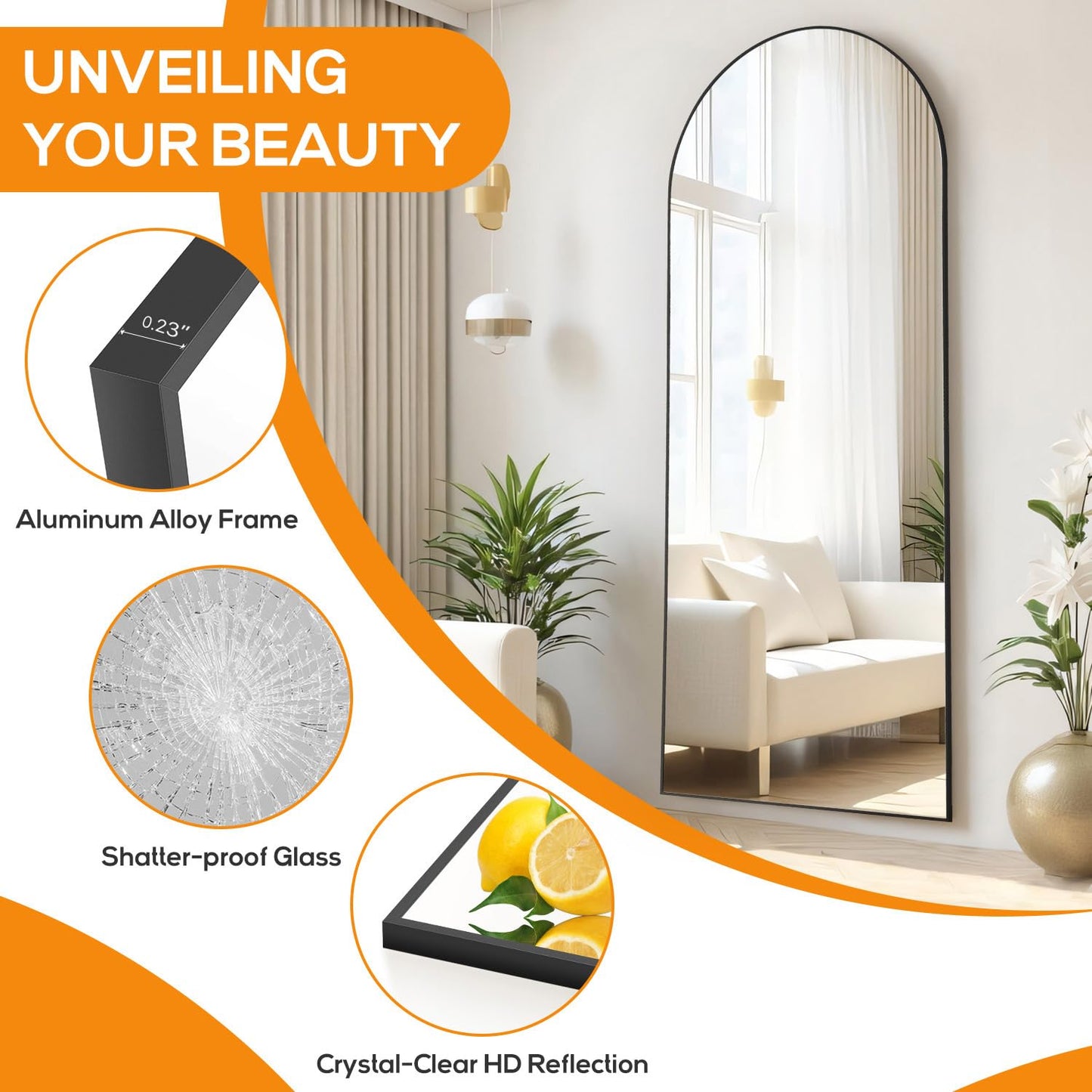 Aidoly Arched Mirror Full Length, Upgraded 21"x64" Body Wall Mirrors with Shatter-Proof Glass, Floor Standing, Hanging or Leaning, Large Tall Arch Mirror with Stand Aluminum Alloy Frame