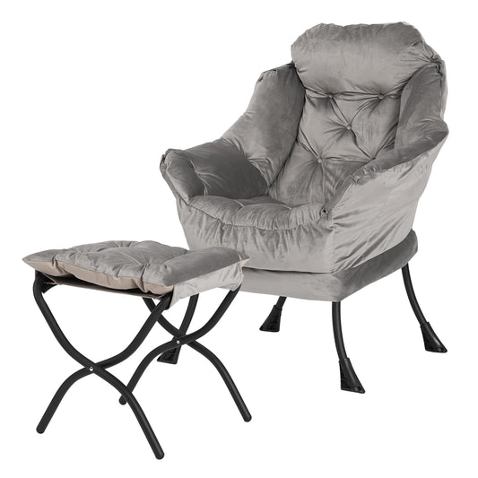 Kokel Lazy Chair with Folding Ottoman,Living Room Chairs, Accent Contemporary Lounge Chair, Single Steel Frame Leisure Sofa Chair with Armrests and A Side Pocket (Light Gray)