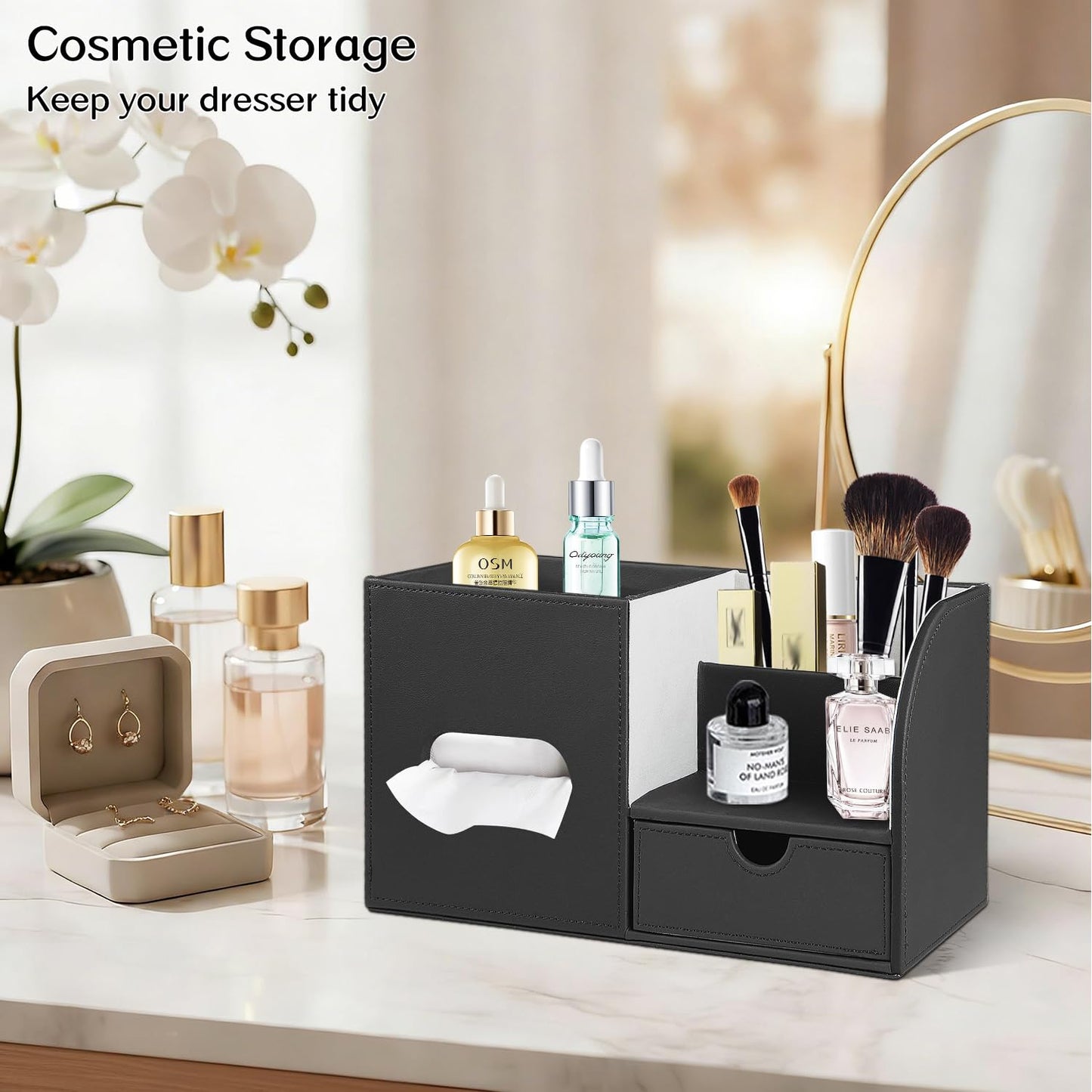 PU Leather Square Tissue Box Cover with Tray and Organizer, Multi-Function Remote Control Tissue Holder for Vanity, Nightstand, Bathroom, Home and Office