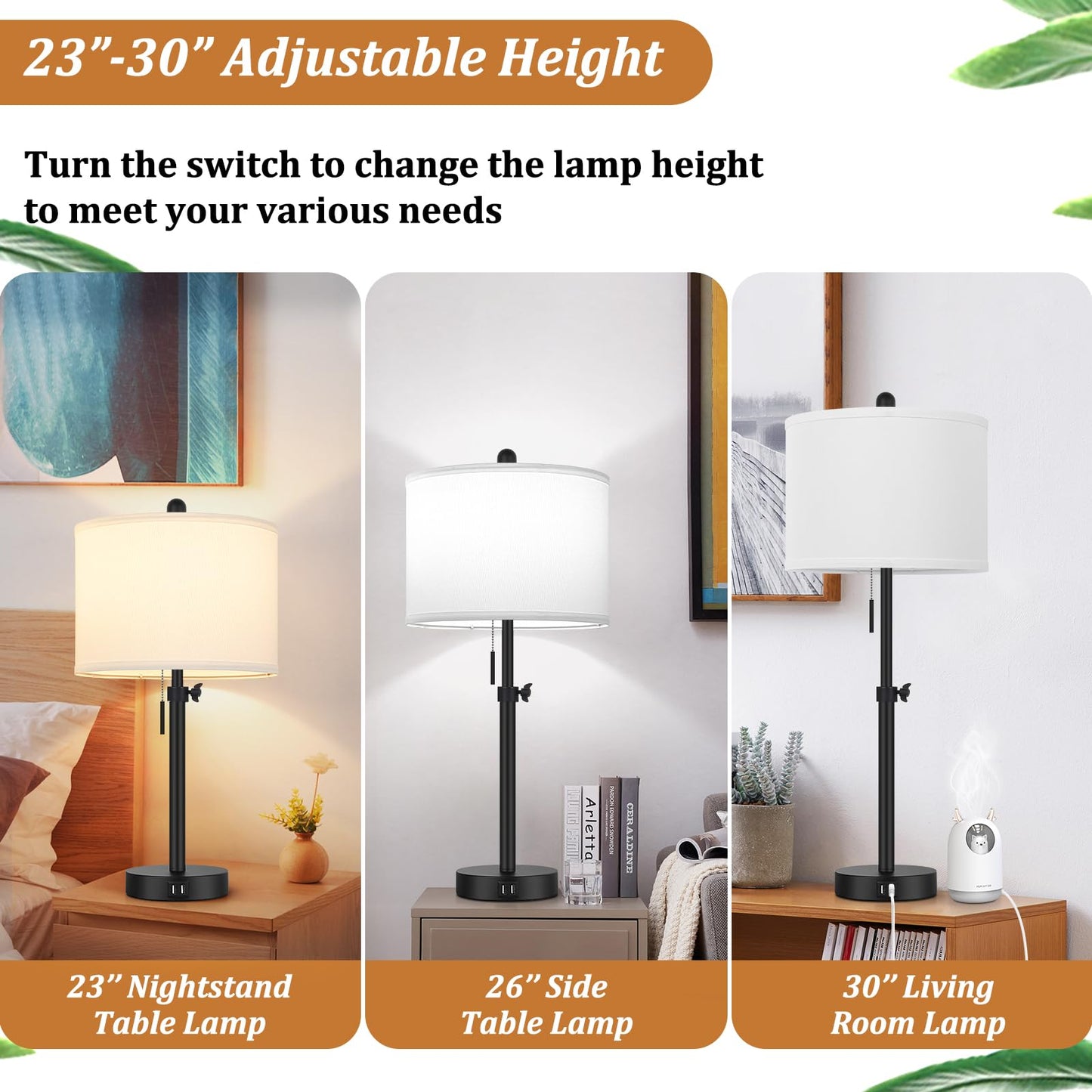Kondras Table Lamp for Bedroom Set of 2, 23" to 30" Height Adjustable Bedside Lamp with 2 USB Ports, Black Nightstand Lamp with White Shade, Modern Pull Chain Table Lamp for Living Room End Table