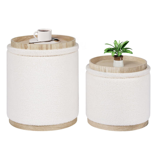 B FSOBEIIALEO Storage Ottoman Round Boucle Ottomans with Tray, Set of 2 Teddy Foot Rest Ottoman Cube with Storage for Living Room, Cream White 15"x15"x16.9"