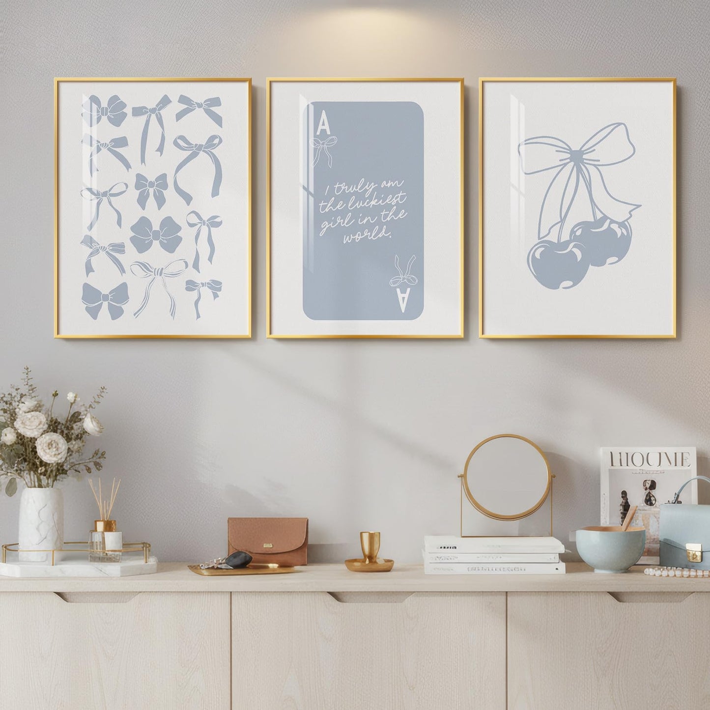 Framed Preppy Blue Wall Art for Room Decor, 3 Piece Bow Cherry Girly Artwork for Walls, Cute Aesthetic Blue Canvas Prints for Girls Bedroom Living Room Girly Room Apartment Wall Decor, 12x16 Inch