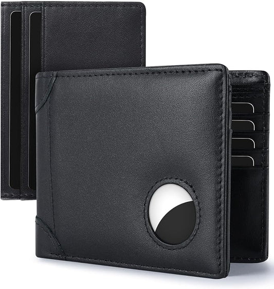 Swallowmall AirTag Wallet Mens RFID Blocking Genuine Leather Bifold Men's Wallet For air tag with 2 ID Window 10 Card Holders Removable Card Slot Black(Airtag Not included)