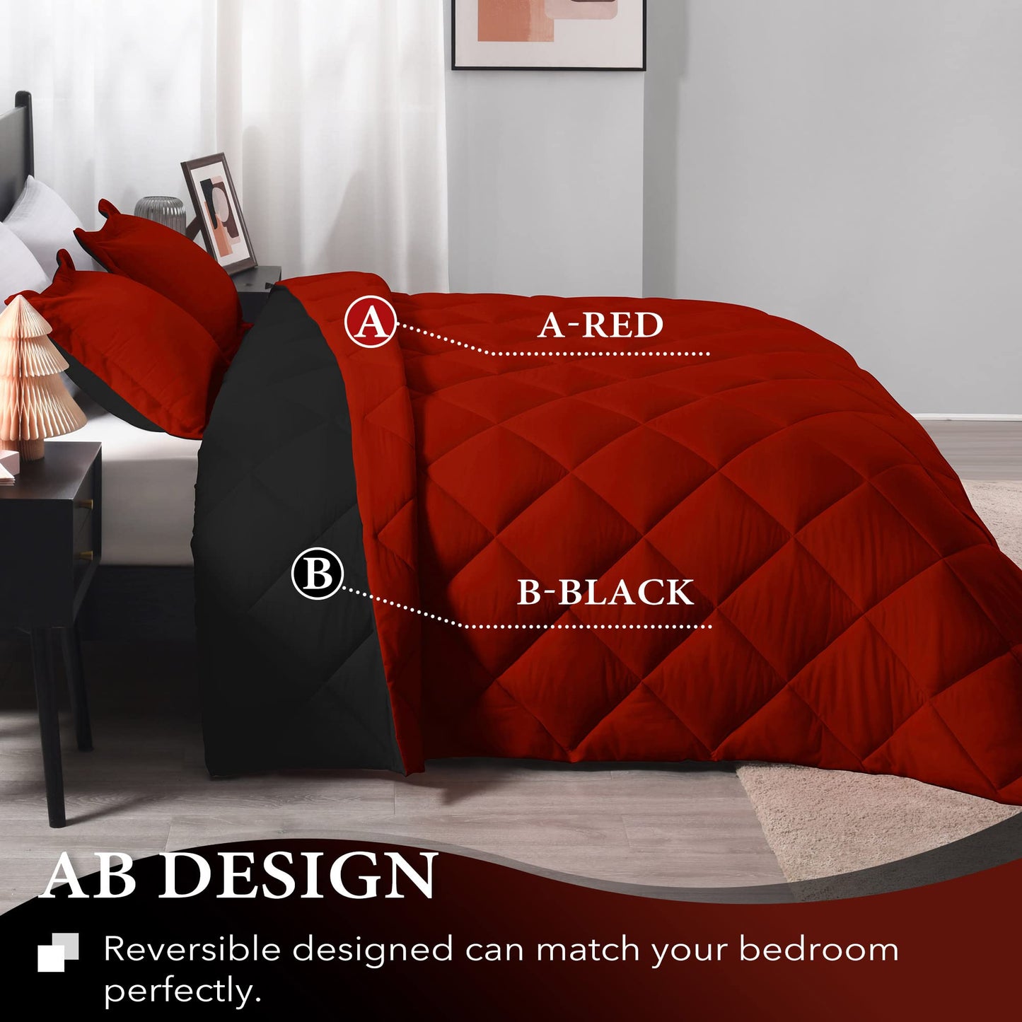 downluxe Queen Comforter Set - Red and Black Queen Comforter - Soft Bedding Sets for All Seasons - 3 Pieces - 1 Comforter (88"x92") and 2 Pillow Shams (20"x26")