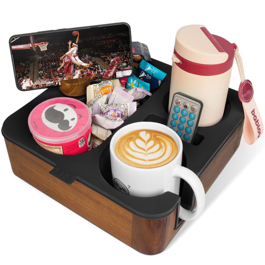 Couch Buddy Couch Cup Holder Tray, Real Acacia Wooden Caddy with Soft Silicone, Snack and Drink Organizer- Perfect Movie Night Accessories for Bed, Remote and Cup Holders for Sofa (Black)