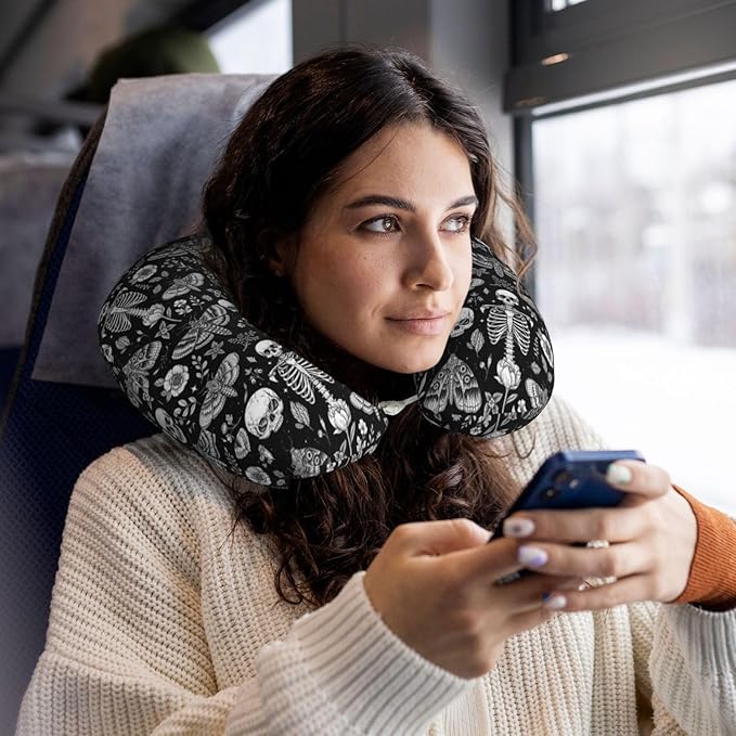 Breathable Neck Pillow for Sleeping Rest Nap Goth Skull Head Board Witch Black Art, Airplanes/Car/Home Memory Foam Travel Cushion with Polyester Cover Washable for Women Men