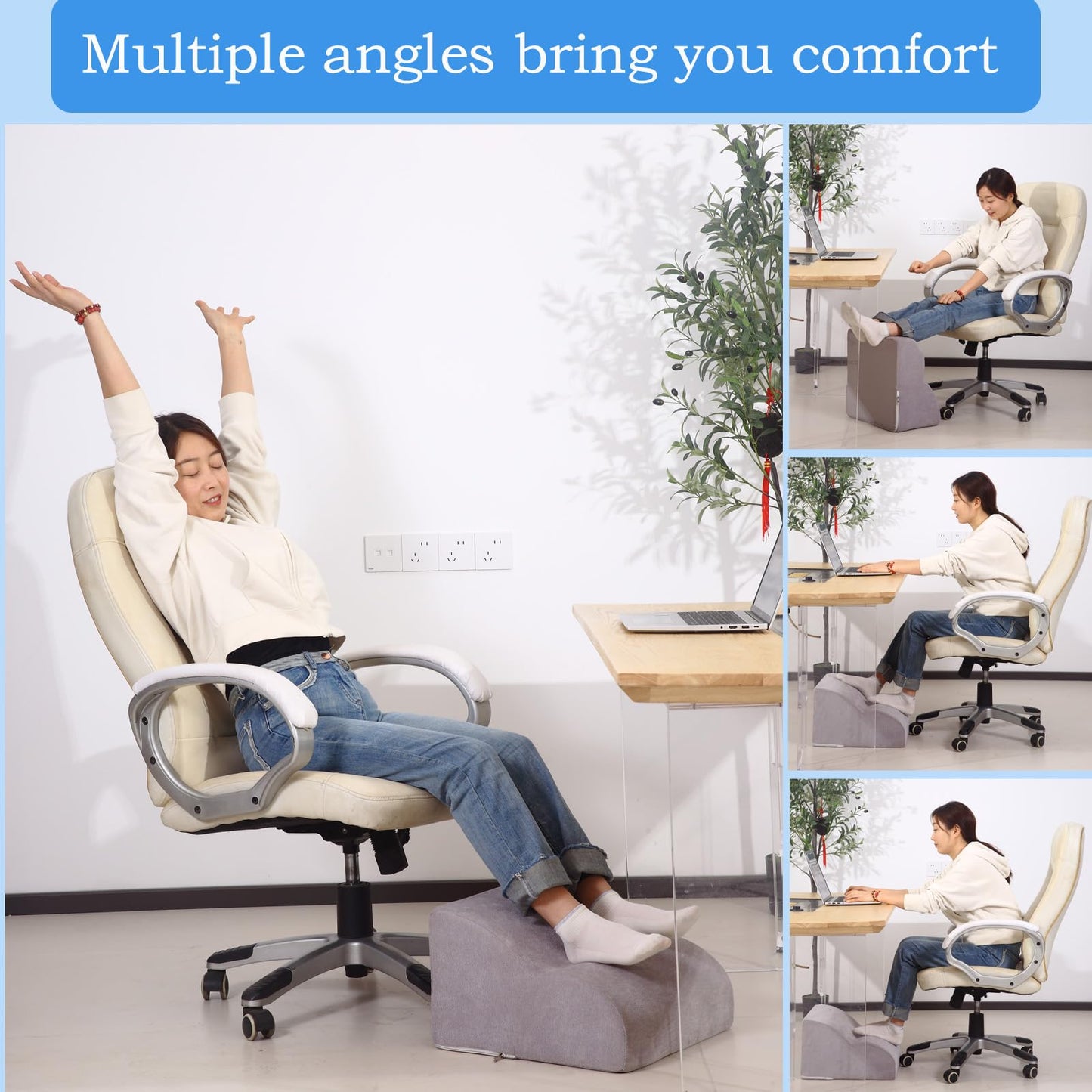 OpyTikar Foot Rest for Under Desk at Work.Multifunctional 3-Tier Foot Stool,with Washable Footrest.for Under Desk,Office Chair Gaming Chair & Sofa,Leg Elevation Pillow,Supports Posture-Light Grey