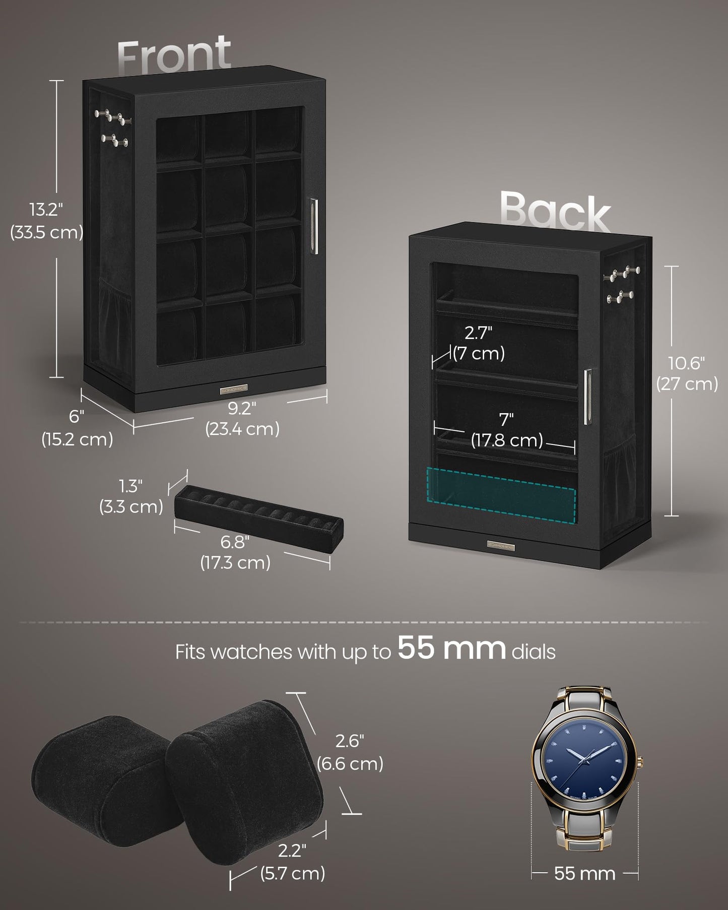 SONGMICS Watch Box 12 Slots with Glass Windows, 360° Rotating Vertical Watch Display Case, Jewelry Sunglasses Ring Storage, 10 Necklace Hooks, Removable Pillows, Velvet Lining, Ink Black UJWB028B01