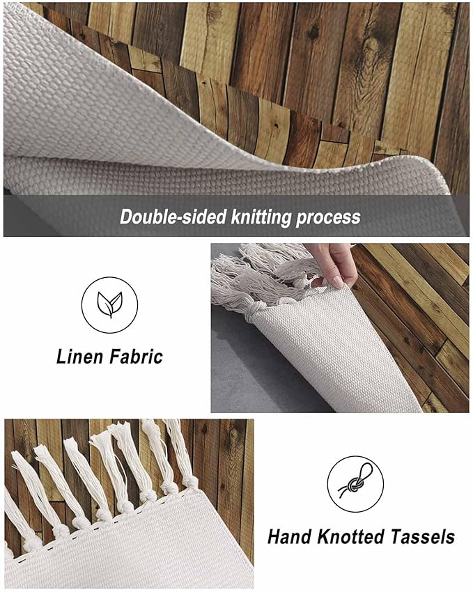 Brown Runner Rug 2X4 Ft Entryway Outdoor Indoor Mat, Washable Woven Vintage Country Wooden Grain Throw Carpet with Tassel, Non-Shedding Farmhouse Cabin Retro Plank Stitching Art Hallway Bath Mats