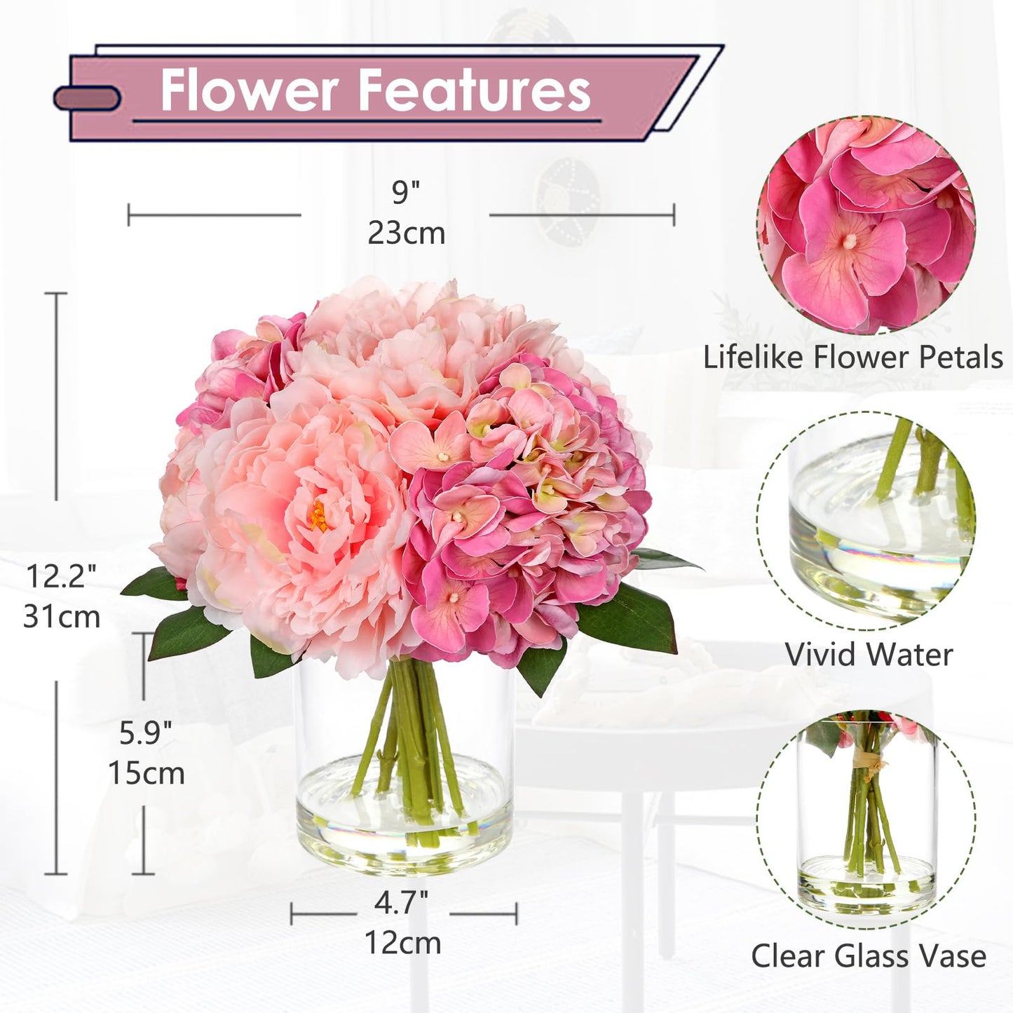 Hollyone Pink Hydrangea Peonies Artificial Flowers Real Touch Fake Flowers Arrangements in Vase with Faux Water Peony Hydrangeas Silk Flower with Vase for Table Centerpiece Shelf Home Decor
