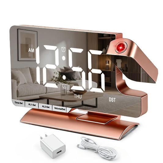Projection Clock,Alarm Clocks for Bedrooms,7.3"Mirror Bedside Clock with 180°Rotating Projector,6 Brightness Adjust,Dual Alarm with 3 Mode,Date,DST,Charging Port,5 Levels Volume for Home Decor