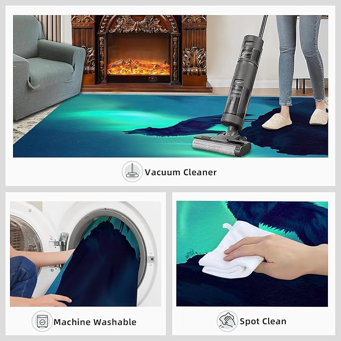Wolf 5x6 Area Rugs for Living Room -Forest Washable Rug Aurora Non-Slip Carpet Indoor Floor Stain Resistant Thin Carpets for Bedroom Dining Room Home Office