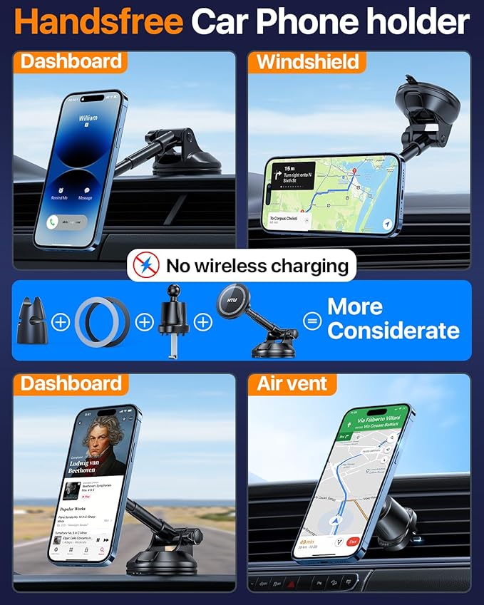 HTU 2025 Upgraded for Magsafe Car Mount [80LBS Strongest Suction & Military-Grade] Powerful Magnetic Cell Phone Holder for Car Dashboard Windshield for iPhone 17 16 15 14 Pro Max Mini,Black