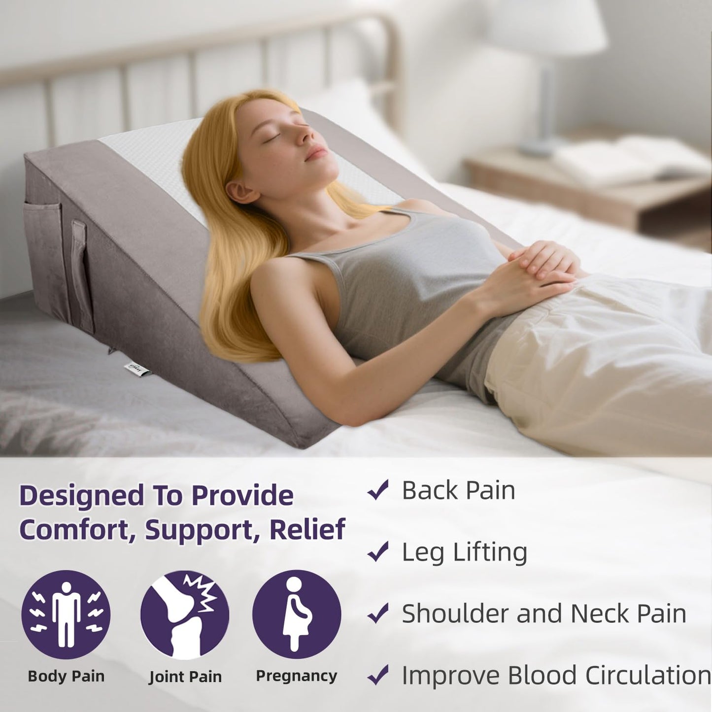 CHxxy Memory Foam Bed Wedge Pillow (10"x24"x24") - Acid Reflux & Back Pain Relief, Anti-Snoring Incline Design, Removable Washable Cover for Sleep & Post-Surgery Support