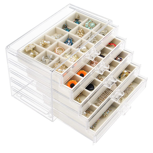 Watpot Acrylic Jewelry Box 5 Drawers Clear Earring Storage Organizer Display Case