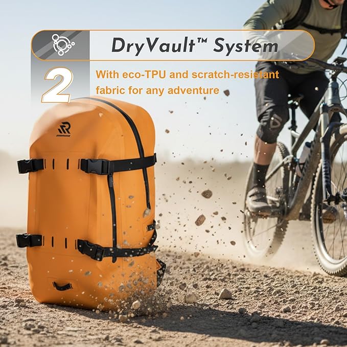 Airtight Waterproof Backpack 30L, Floating Dry Bag with Resin Zipper, IPX7 Gear Protection Large Capacity for Men, Kayaking, Paddle Boarding, Fishing, Travel, Surfing, Work, Outdoor Orange