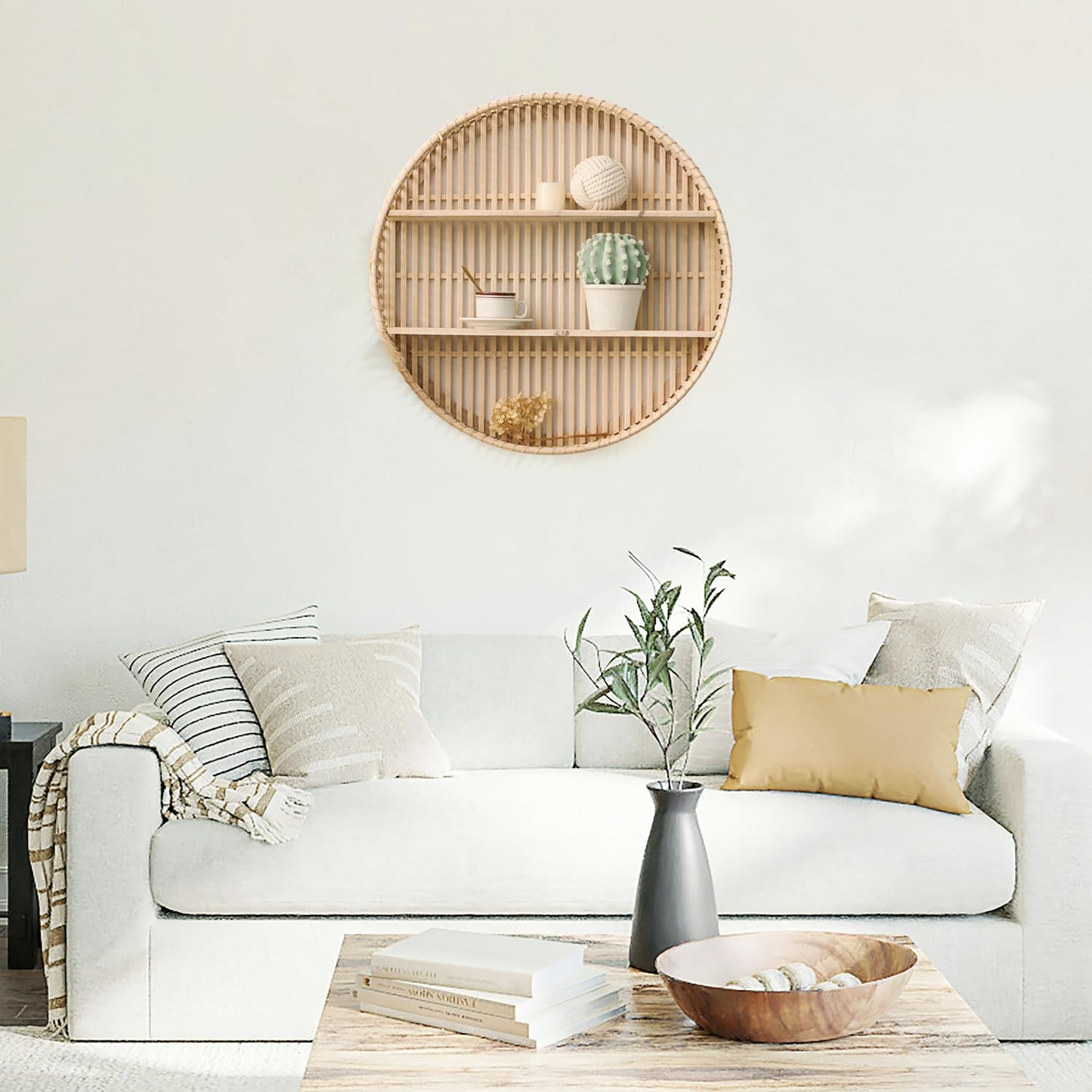 Synovana Rattan Wall Shelf 3 Tier Boho Wall Mounted Shelf Farmhouse Handcraft Round Floating Shelf Display Rack Storage Circular Hanging Shelf for Livingroom Home Decor
