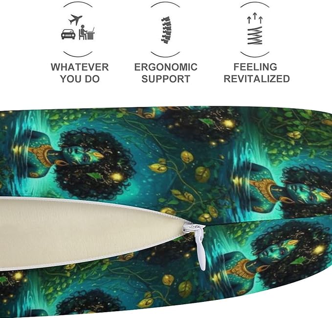 Fashion Travel Pillow Memory Foam Chin Head Support African American Black Woman Girl Art Green, Breathable Washable Cover for Women Men Airplane Car Decor