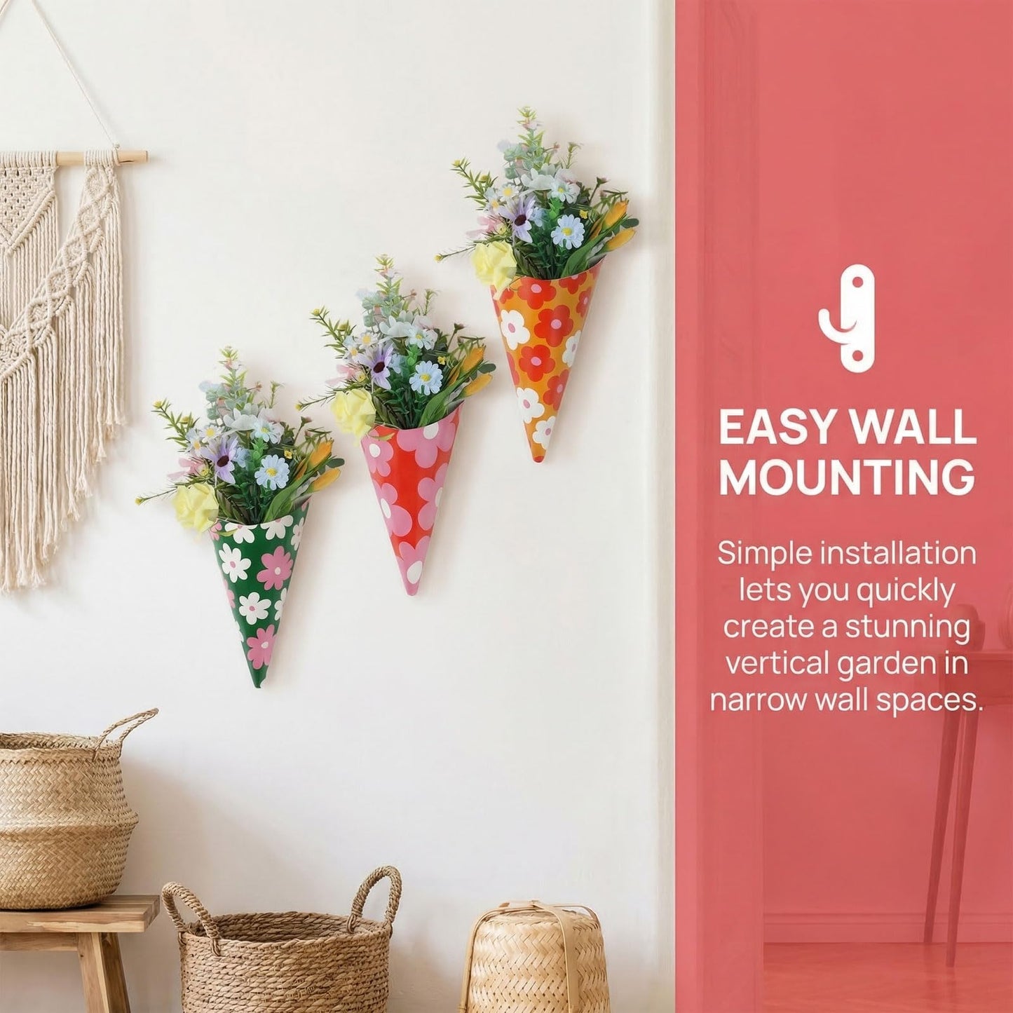 AIM & GGKK Floral Wall Vases - Set of 3 Flower Pattern Metal Wall Flower Vases for for Modern Home Decor, Entryway, Hallway, Bathroom, Living Room, Dining Room, Narrow Spaces