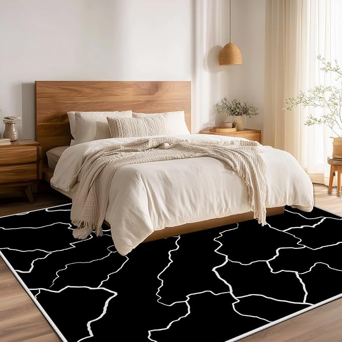Abstract Rugs for Living Room - Modern Washable Area Rug, 5x8 Abstract Black and White Rug, Minimalist Rugs,Carpet Non Slip Home Decor